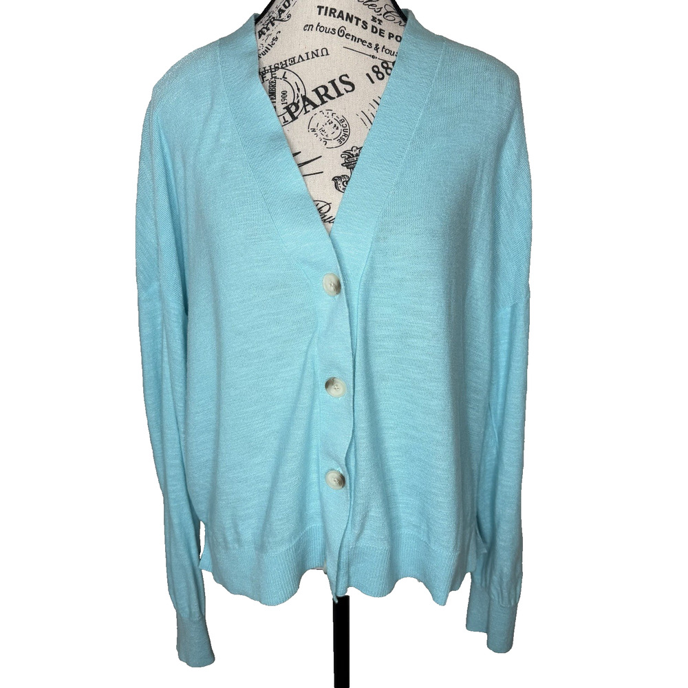 Loft Women’s Cardigan Sweater Size Large Aqua Blue Long Sleeve Drop Shoulder